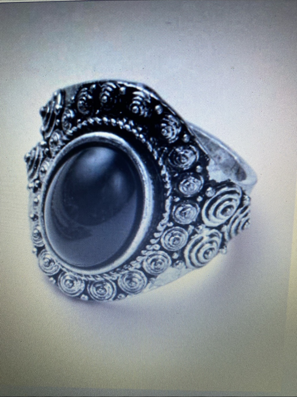 Avon $10-Studio Black Oval Stone Silver-Tone Filigree Ring